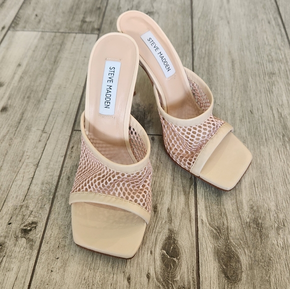 Steve Madden Fishnet Mesh Heels Mules Peep Toe Slip-on Sexy Spring Cream 6.5 - Picture 3 of 9